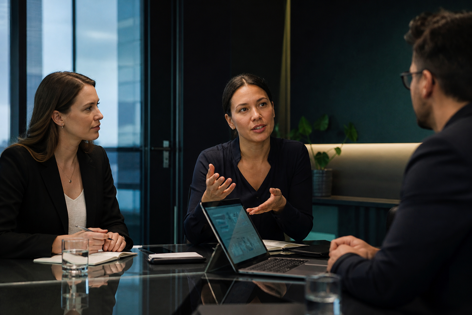 Professionals collaborating in a meeting while applying human skills alongside AI tools